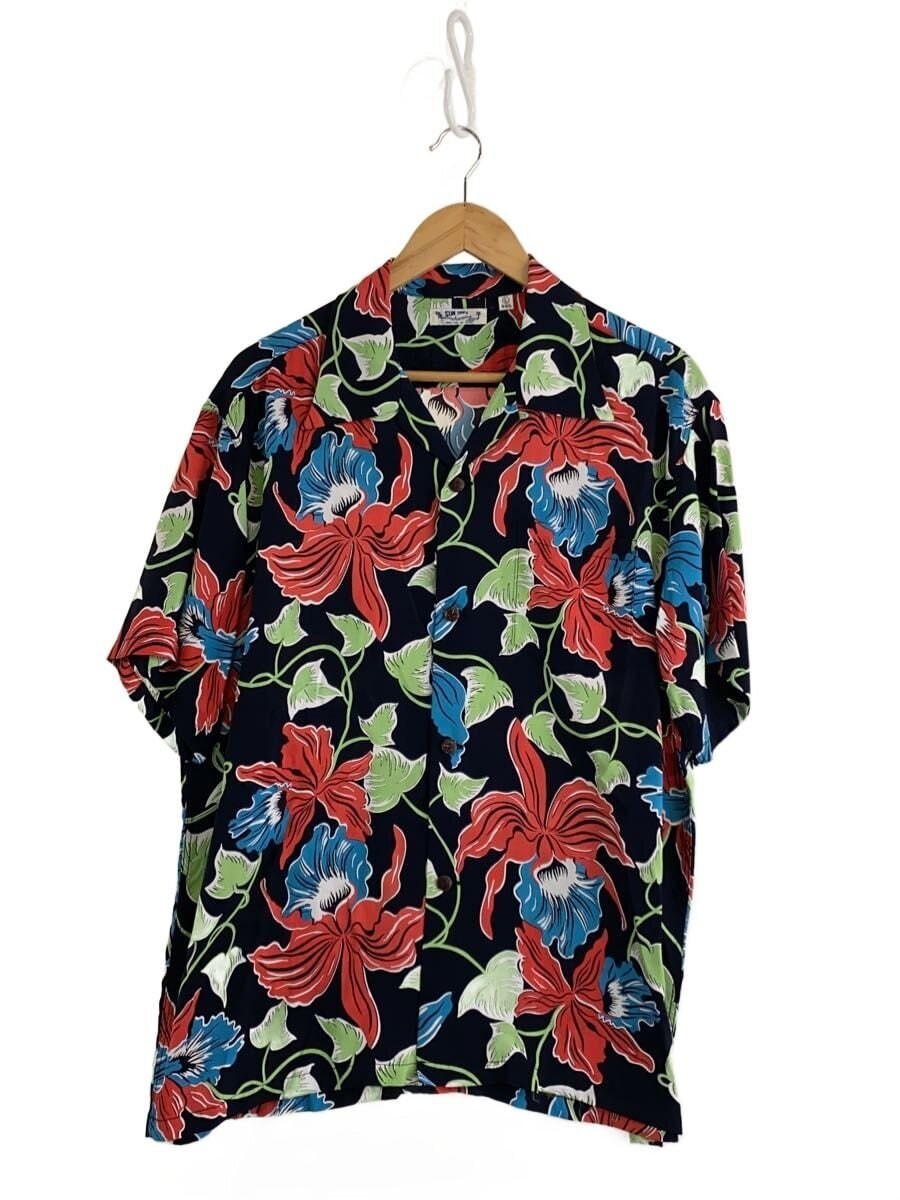 SUN SURF men's Aloha shirt size L rayon navy all-over print red hibiscus USED image 3