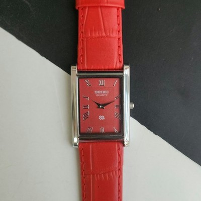 Vintage Seiko Slim Tank Quartz Men Red Dial Dress Watch-Free Shipping