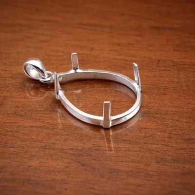 925 Sterling Silver 7x9mm Pear Prong Pendant Setting for Cabochon Handmade