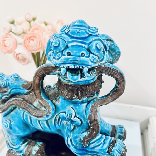 Vtg Glazed Turquoise Porcelain Foo Dog Statue Signed Chinoiserie Italy Antique - Picture 2 of 13