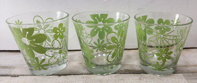 CERVE Italy Mid Century Mod Flower Power Lowball Glasses Green-set of Three (3)
