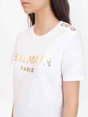 【BALMAIN】ゴールド パリ ロゴ プリント コットン Tシャツ Balmain Gold metallic-logo Button T-shirt Small New $585 | eBay