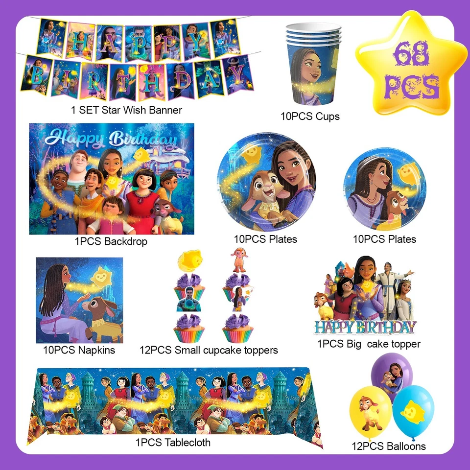 68件装Wish Asha公主派对装饰生日套装盘子餐具横幅 — 第 2/4 张图片