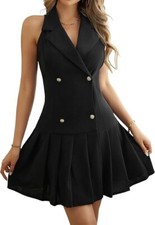 2025 Women's Notch Lapel V Neck Mini Dress Sleeveless, High Waist Pleated Skirt