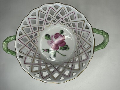 Herend Porcelain Openwork Floral Basket with Handles Earlier Mark