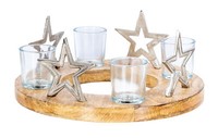 Adventskranz ø30Cm Mango Holz Silber Natur Kerzenhalter Sterne Weihnachten Deko