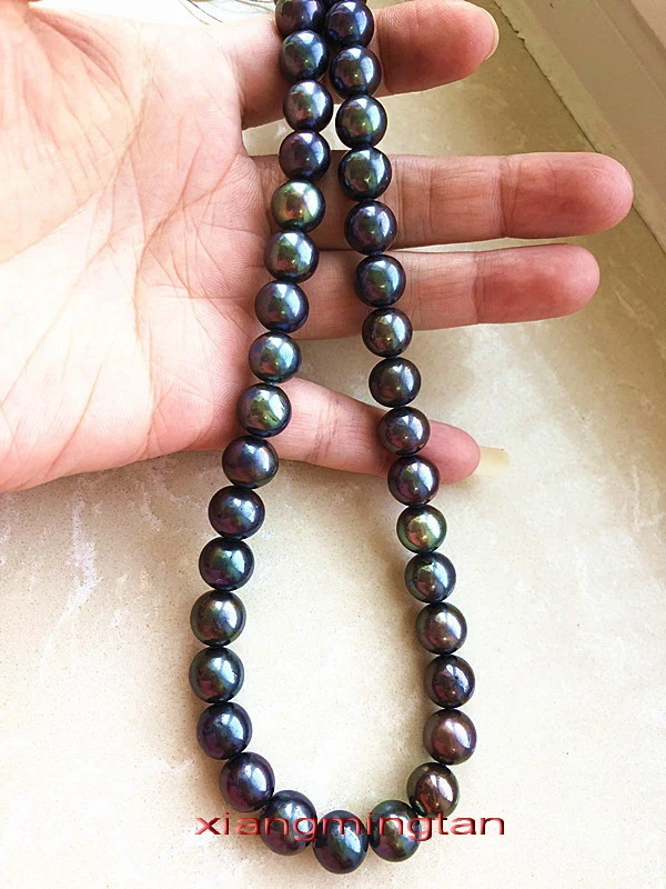 AAAAA 18"10-11 mm REAL Tahití redondo NEGRO verde multicolor collar de perlas 14K Foto 2 de 4