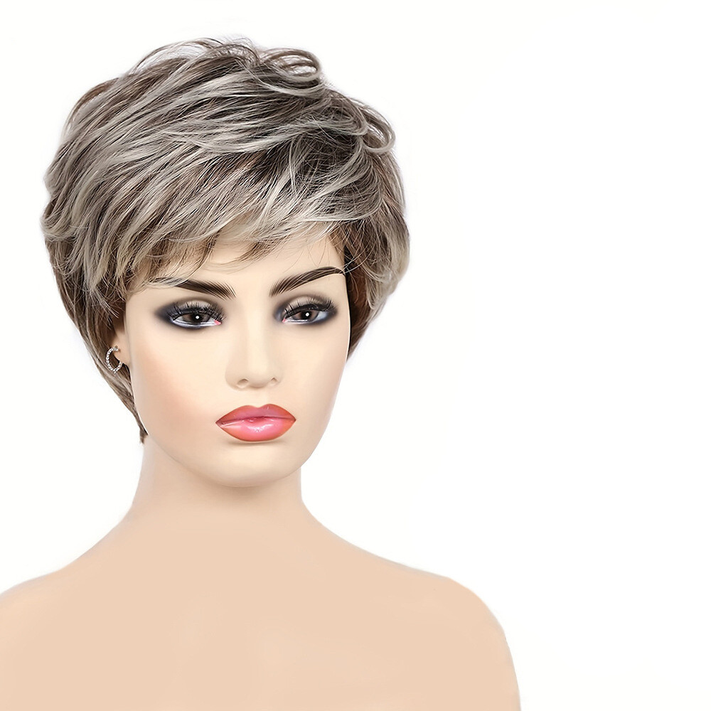 12 inch Short Layered Pixie Cut Dark Roots Gray Synthetic