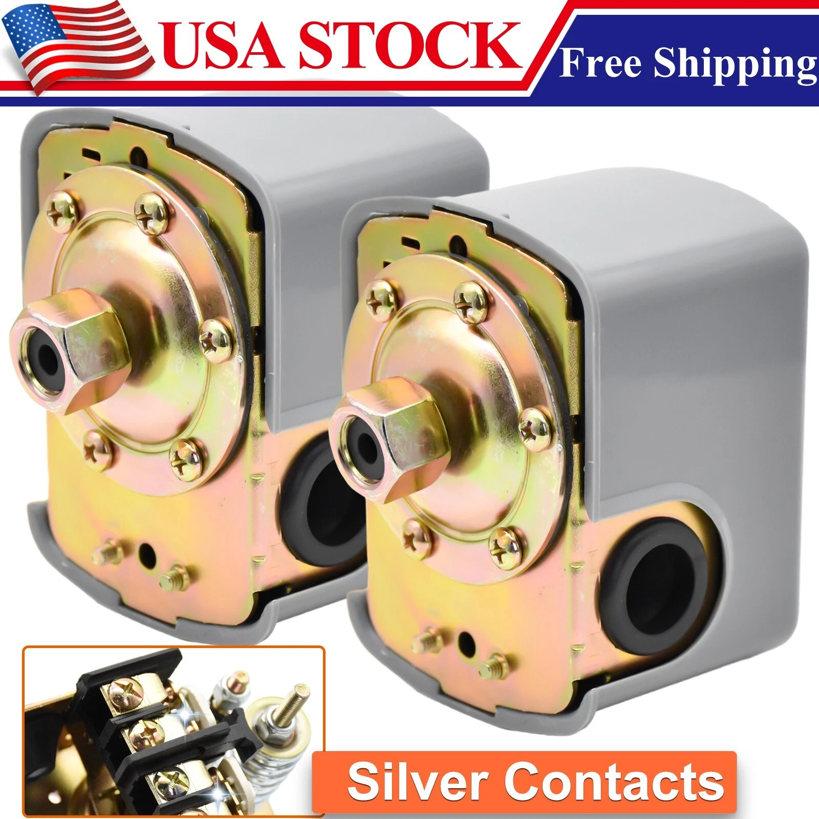 2xWell/Water Pump Pressure Control Switch Adjustable Double Spring Pole 40-60PSI