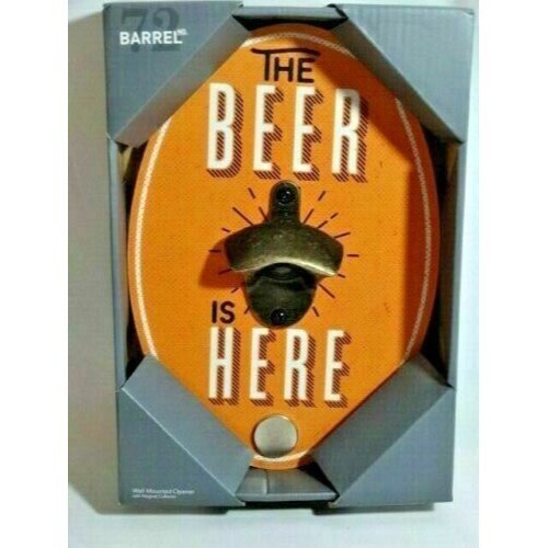 Boston Warehouse THE BEER IS HERE Barrel Bottle Opener Wall Mounted Magnet Wood - Picture 2 of 3