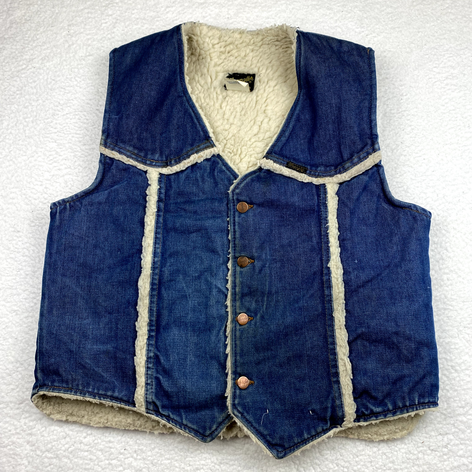 Wrangler, Wrangler Vintage Vest Mens Medium 70s Shearling Denim Western Rodeo Rancher RRL