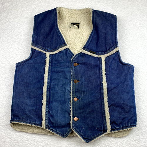 Wrangler, Wrangler Vintage Vest Mens Medium 70s Shearling Denim Western Rodeo Rancher RRL