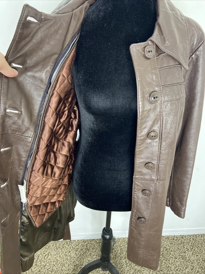 Sears Quebec Woman M/L 70s Brown Leather Chocolate Coat Lined Belted Mod Hipster - Image 3 of 4