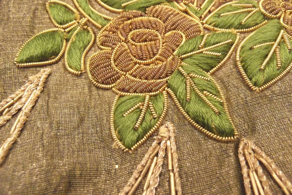 Vintage Silk Beaded Reticule Purse Embroidered Floral Art Nouveau Tassel Bag - Image 4 of 4