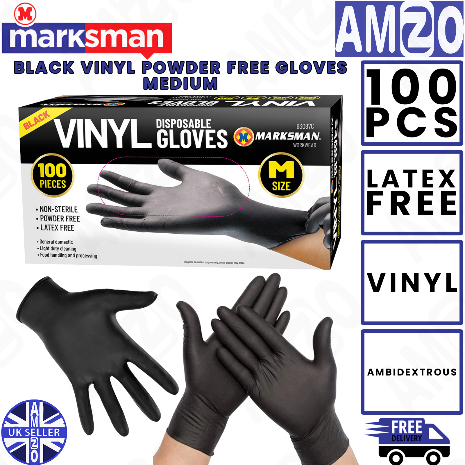 Marksman Black Vinyl Gloves Medium 100 Pieces Powder Free Latex Free Disposable