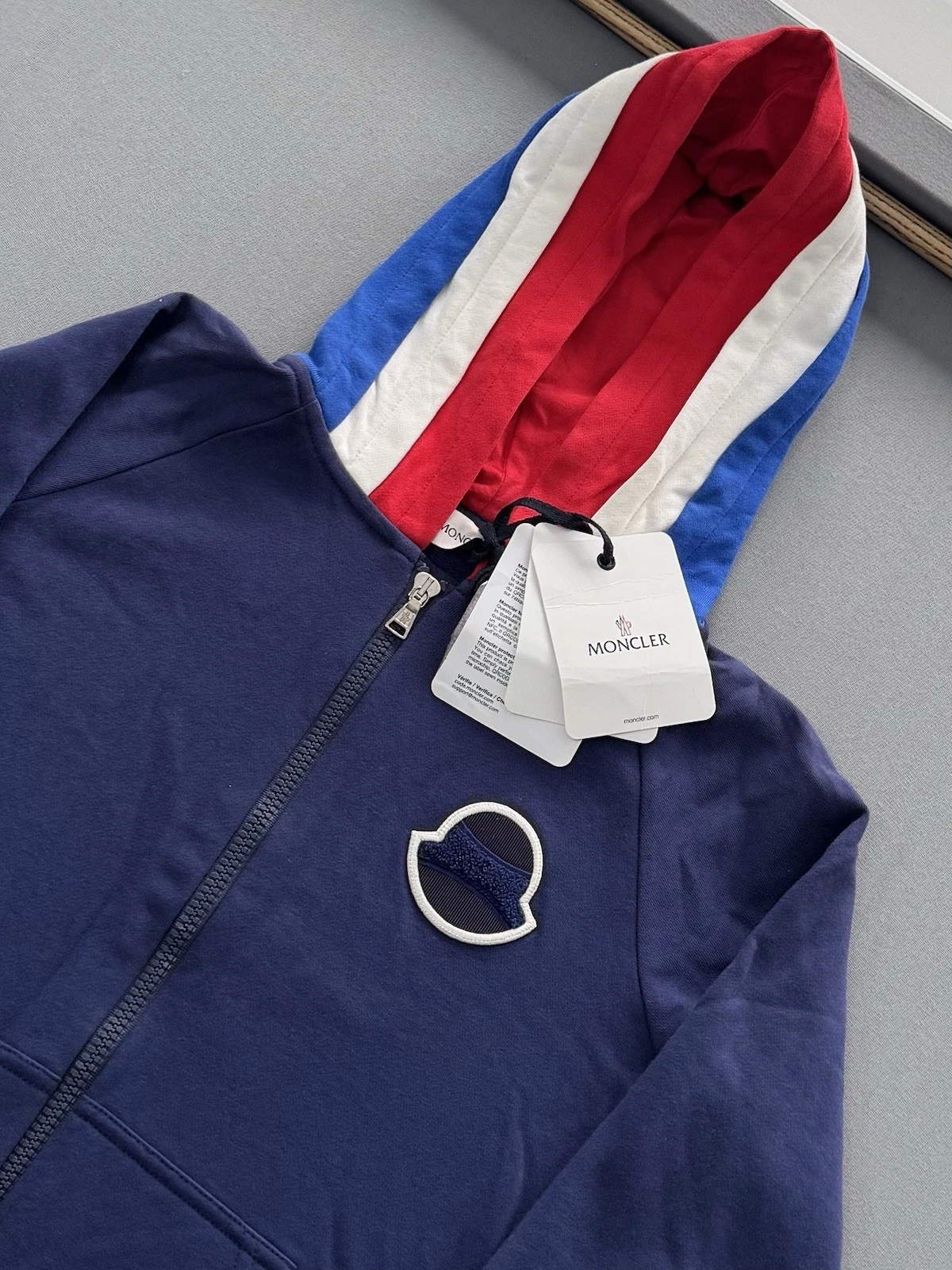 Moncler Cardigan Felpa con Cappuccio Età 14 19” PTP Blu Nuovo Autentico