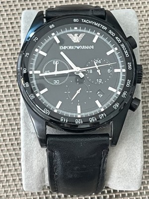 Emporio Armani Men's Chronograph AR-6093 Watch Black Dial Quartz Leather Strap