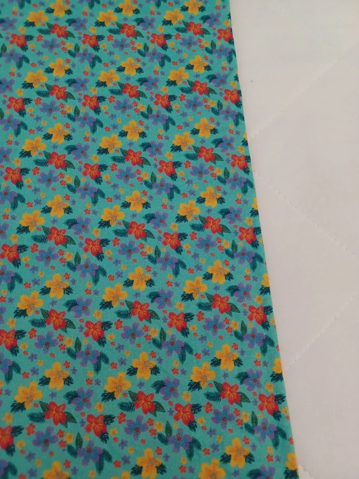 Estampado de saco de alimentación floral turquesa de 1 yarda con flores amarillas/rojas/azules para edredones, artesanía Foto 2 de 3