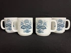 Set of 4 Glasbake Blue Onion Flower Coffee Tea Cup Mug Vintage White Milk Glass