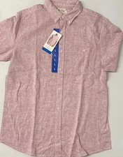 Weatherproof Vintage Men's Linen Short Sleeve Woven Shirt RED Button LARGE NEW