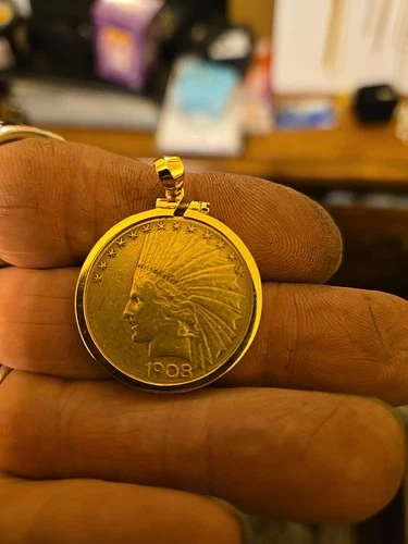 1908 Ten Dollar Gold Indian Head Coin In Bezel