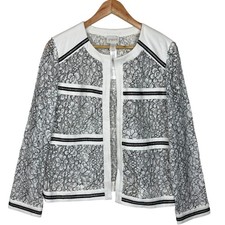 Chico's Lace Open Front Jacket Women 1 M/8 White Black Floral Two Toned Career