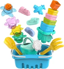 18Pcs Beach Toys Set with Stacking Cups, Watering Can, Bucket, Shovels For Kids