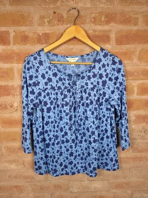 Women s Seasalt Jersey Top Cotton Tie Neck 3/4 Sleeve River's Blue Bloom Size 10