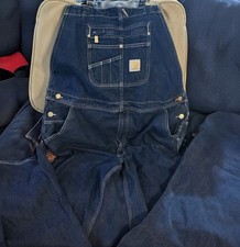 Mens 40X32 Carhartt Denim Loose Fit Bib Overalls Med Wash Blue-Collar Workwear
