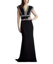 Tadashi Shoji Crepe Embroidered Trim Gown Sz 2 Black Ivory V-Neck Sleeveless NWT