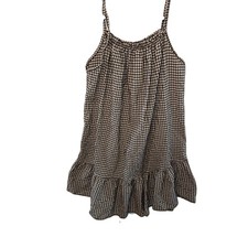 Quince Linen Blend Gingham Brown and White Sundress Ruffle hem mini