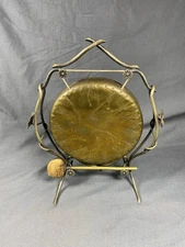 Vintage Antique Brass/Nickel Silver 10” Dinner Gong W/ Leaf, Vines, & Flowers