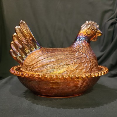 Indiana Glass Gold Amber Iridescent Hen on Nest Large Oval 7'' Covered Candy Dish