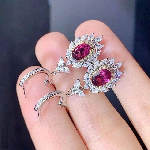 2CT Oval Lab Created Red Ruby Halo Drop Dangle Earrings In 14K White Gold Plated - Image 3 of 4