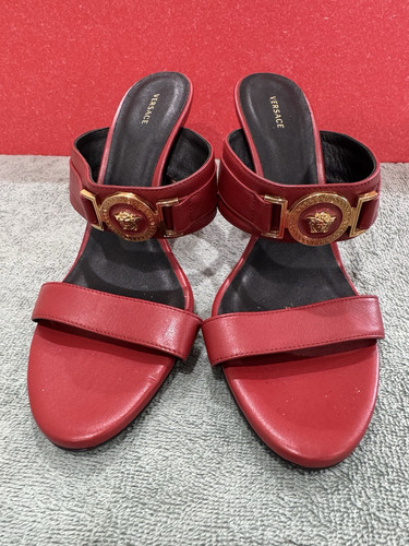 Versace Women's Cherry Red Gold Medusa Leather Heeled Sandals Shoes size 7