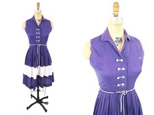 Vintage 50s Polka Dot Dress Blue Purple Button Down Shirtdress W 26"