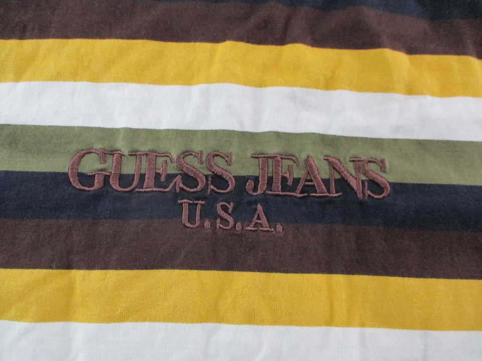 Guess Jeans Striped Shirt Mens Medium Made in USA Yellow Brown 90s Short sleeve - Image 2 of 4