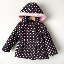 Osh Kosh B'gosh Pea Coat Brown Pink Polka Dot Girls Sz 5 Warm Faux Fur Hood Flaw