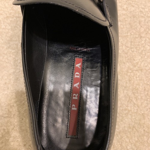 Prada Black Leather Loafers Slip-on Shoes Mens Size US 7 Euro 40 Plate Logo - Picture 10 of 17