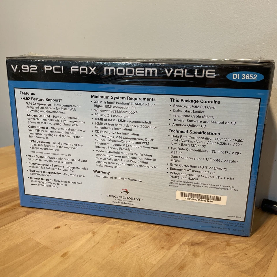 Broadxent V.92 PCI Fax Modem Value With Voice 56K Windows 98SE ME 2000 XP Sealed - Image 2 of 4