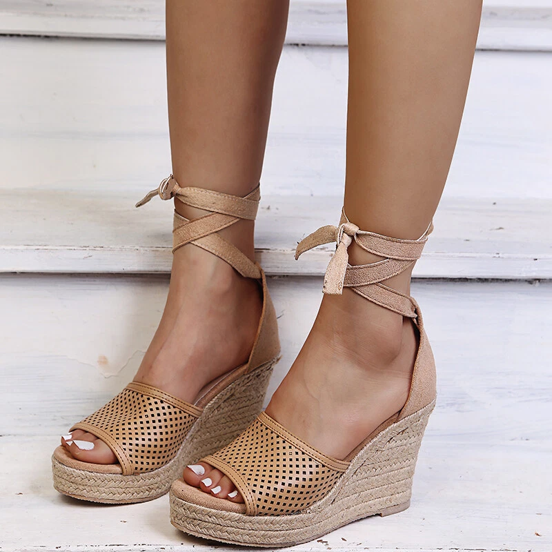 Womens Summer Wedge High Heels Sandals Lace Up Shoes Peep Toe