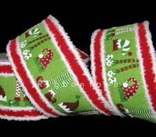 Whimsical Christmas Elf Hat Shoes Green Red Furry Edge Wired Ribbon 4"W x 5 Yds