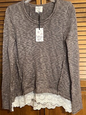 Hippie Rose Med. Sweater-Mocha Bisque HiLo- Long Sleeve- Scoop Neck-Ruffle NWT