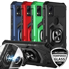 For Cricket Icon 5/AT&T Motivate 4 Case Ring Magnetic Stand Cover+Tempered Glass