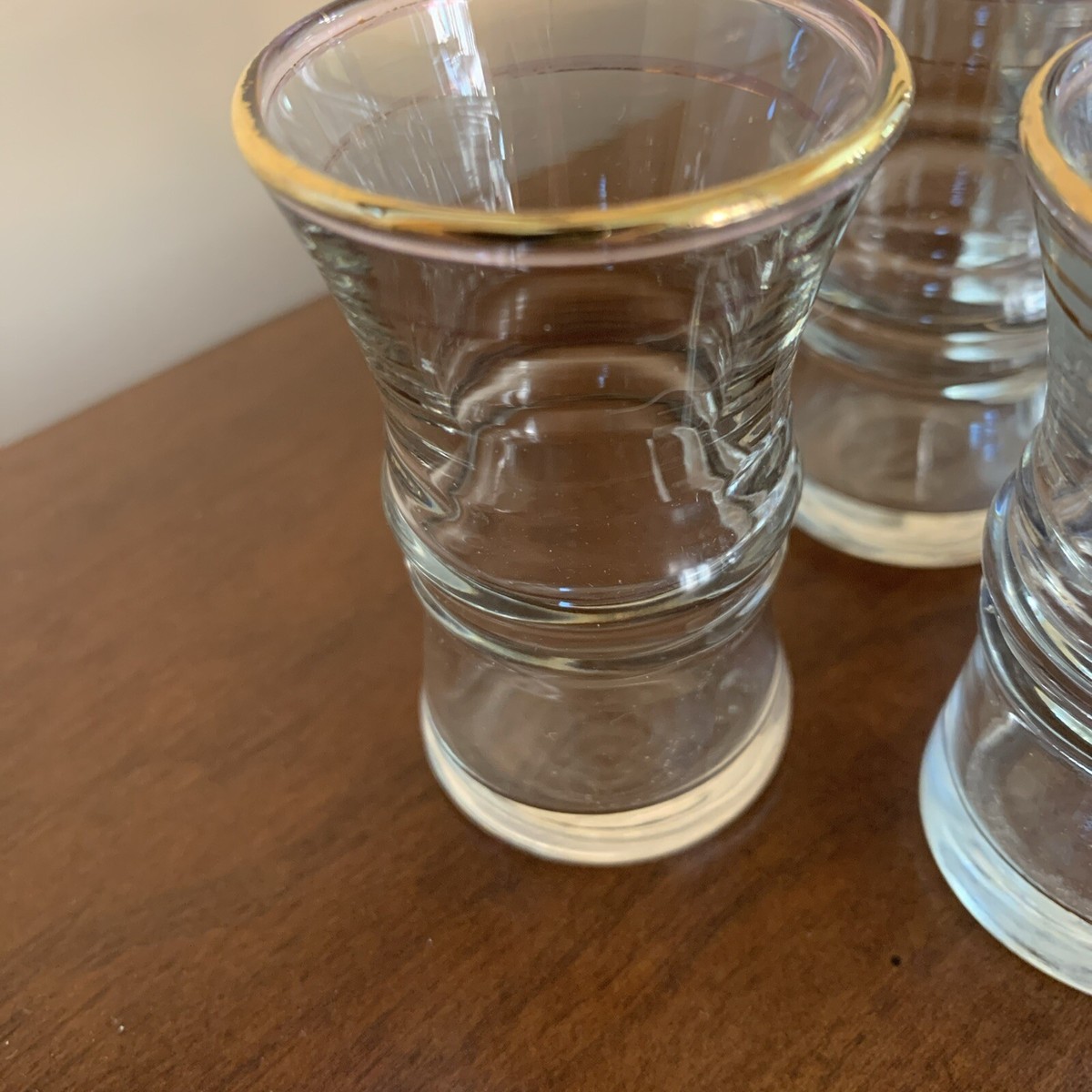 Anchor Hocking 1940s Gold Rimmed Hourglass Shape Ribbed Center