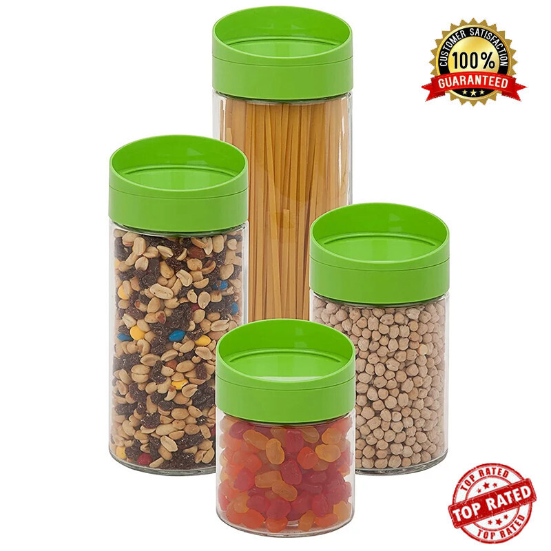 4-Piece Glass Storage Jar Set with Twist Lids for Pasta Beans Spices Dishwasher Safe