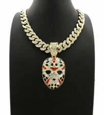 JASON VOORHEES MASK PENDANT CUBAN LINK CHAIN NECKLACE GOLD HIP HOP HALLOWEEN