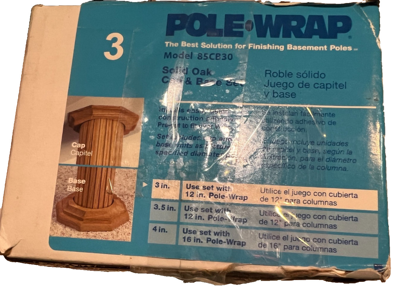 POLE-WRAP Solid Oak Cap & Base Set 3"  Model #85CB30  Finishing Basement Poles