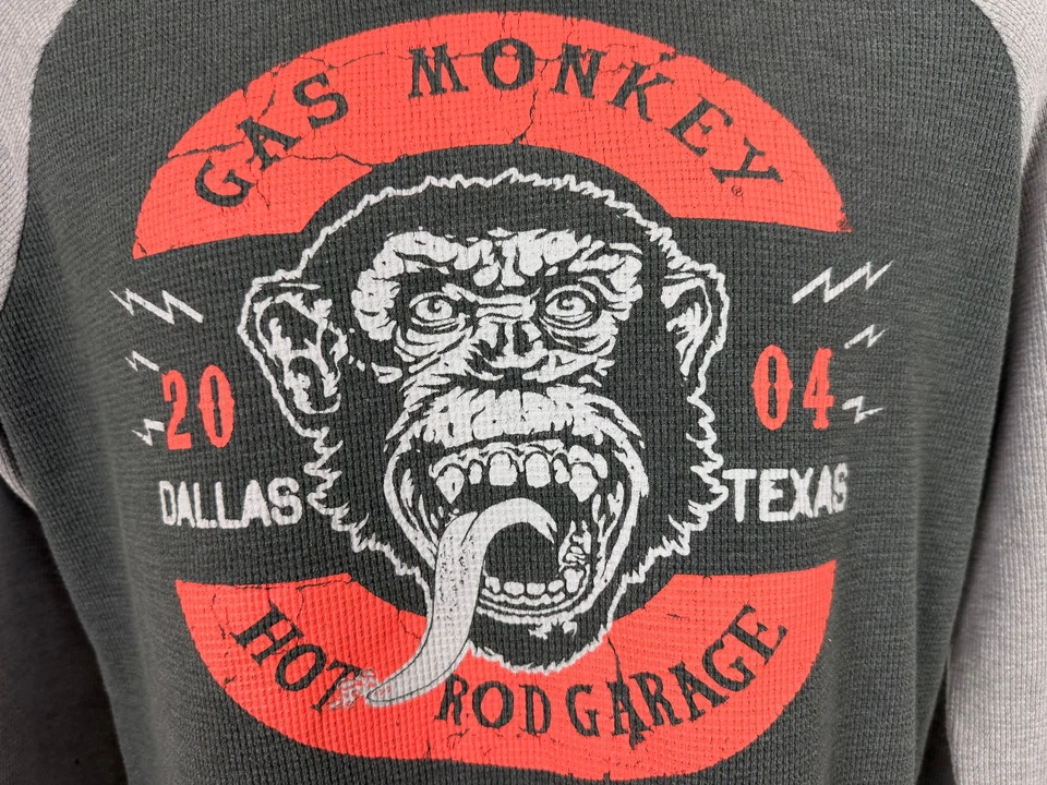 Camisa masculina Hot Rod garagem waffle malha grande macaco gás Dallas Texas cinza raglan - Imagem 4 de 4