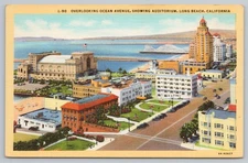 1930s Long Beach CA Aerial View Ocean Avenue Pier Roller Coaster Linen Postcard